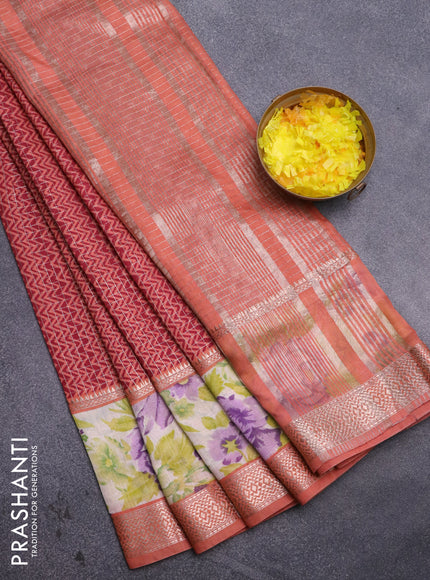 Assam silk saree maroon and peach shade with allover zari checked pattern & zig zag prints and rettapet zari woven floral printed border