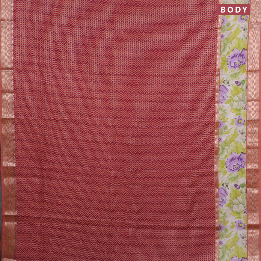 Assam silk saree maroon and peach shade with allover zari checked pattern & zig zag prints and rettapet zari woven floral printed border