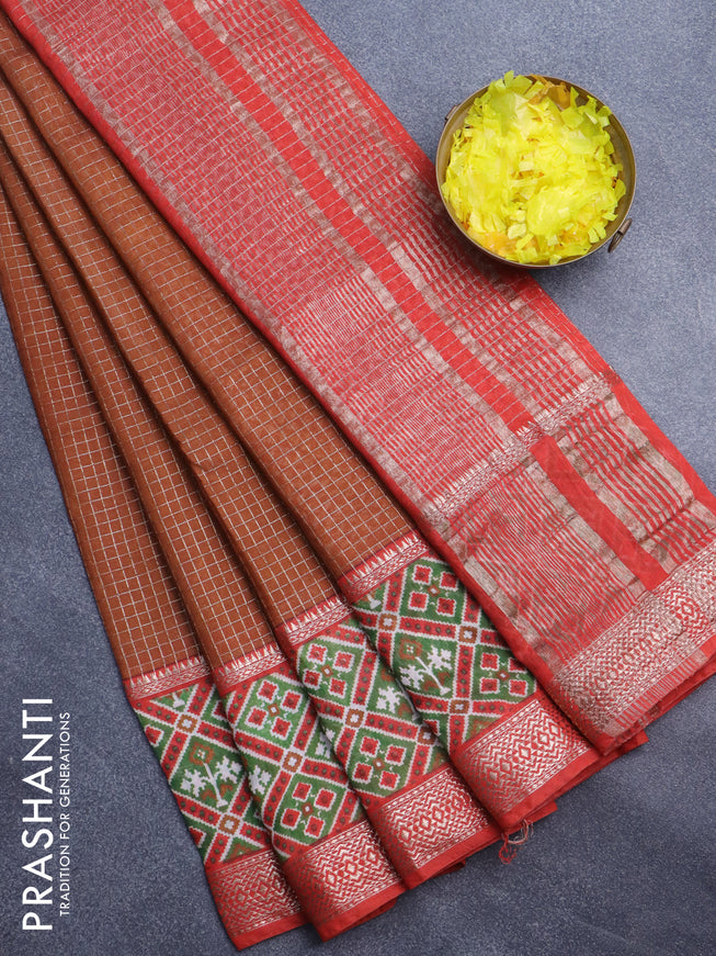 Assam silk saree rust shade and orange with allover zari checked pattern and rettapet zari woven ikat printed border