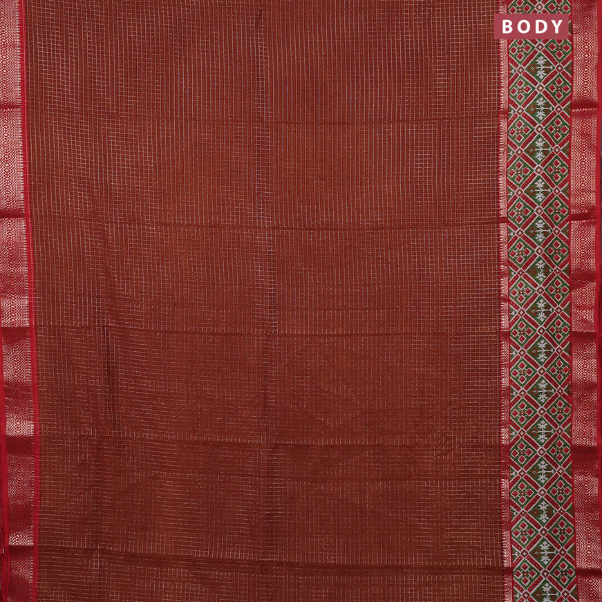 Assam silk saree rust shade and orange with allover zari checked pattern and rettapet zari woven ikat printed border