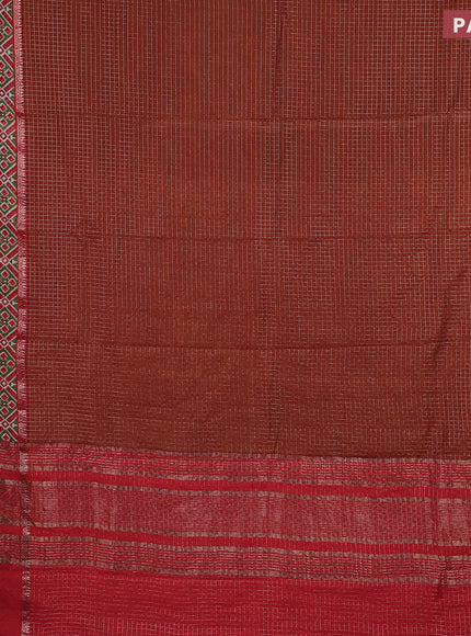 Assam silk saree rust shade and orange with allover zari checked pattern and rettapet zari woven ikat printed border