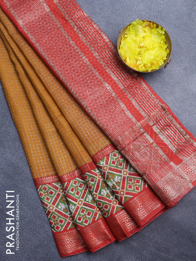 Assam silk saree dark mustard and red with allover zari checked pattern and rettapet zari woven ikat printed border