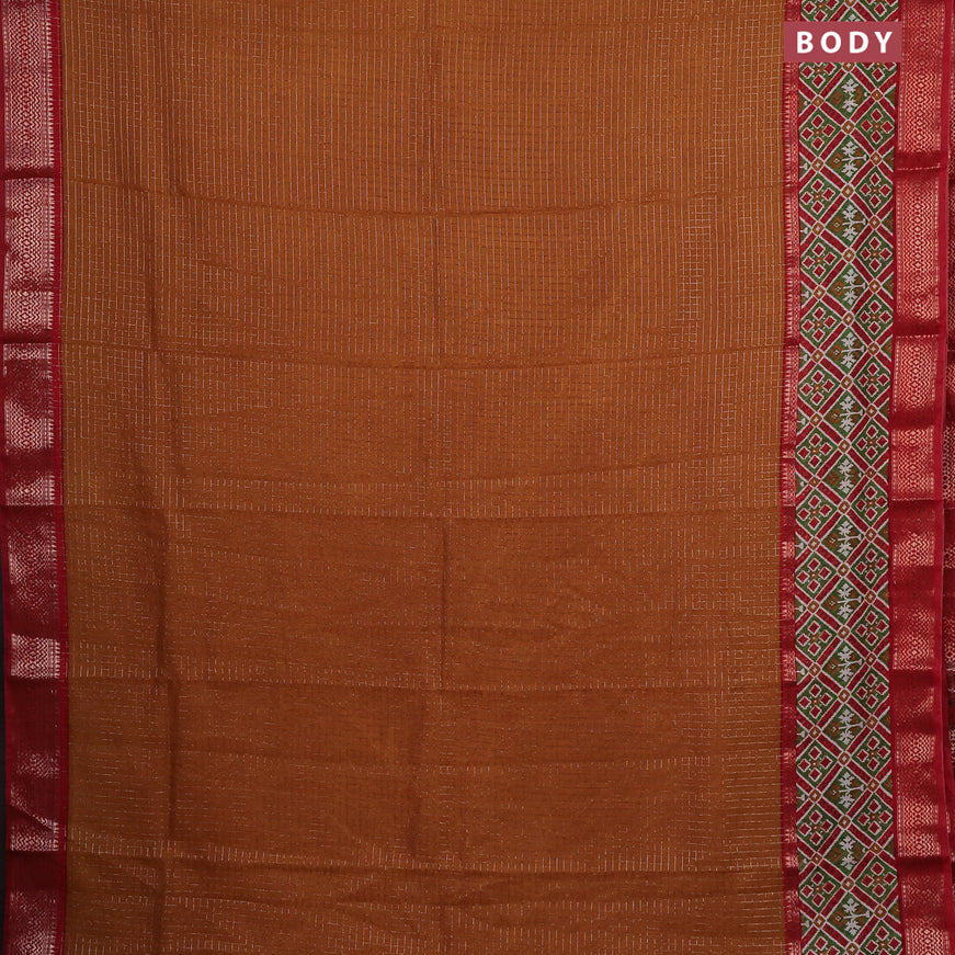 Assam silk saree dark mustard and red with allover zari checked pattern and rettapet zari woven ikat printed border