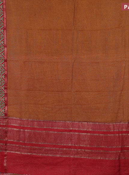 Assam silk saree dark mustard and red with allover zari checked pattern and rettapet zari woven ikat printed border