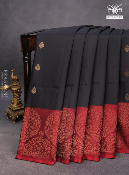 Pure soft silk saree black and maroon with zari woven buttas and piping border