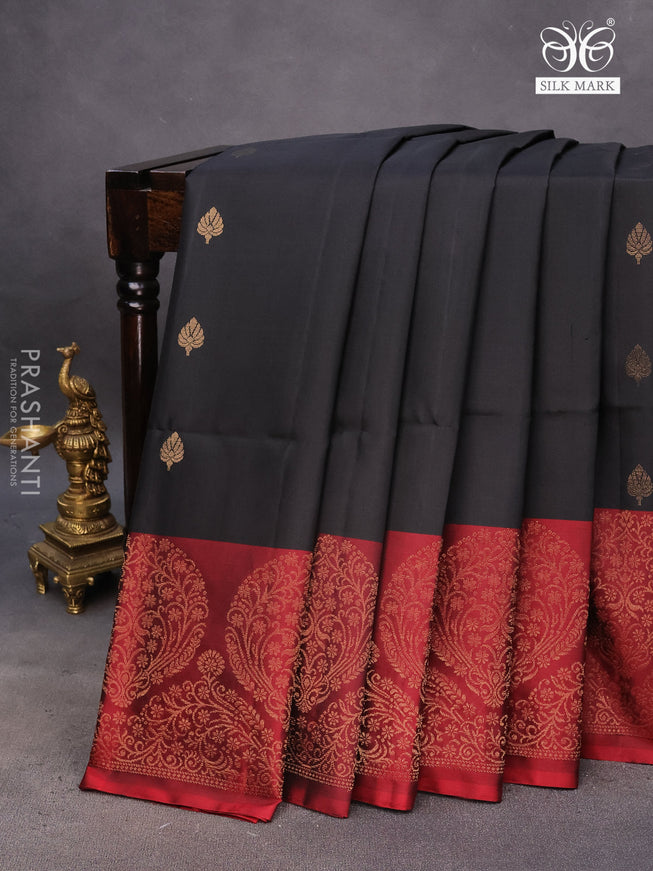 Pure soft silk saree black and maroon with zari woven buttas and piping border