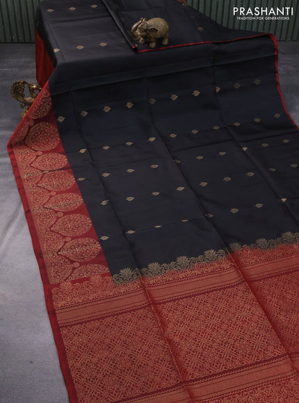 Pure soft silk saree black and maroon with zari woven buttas and piping border