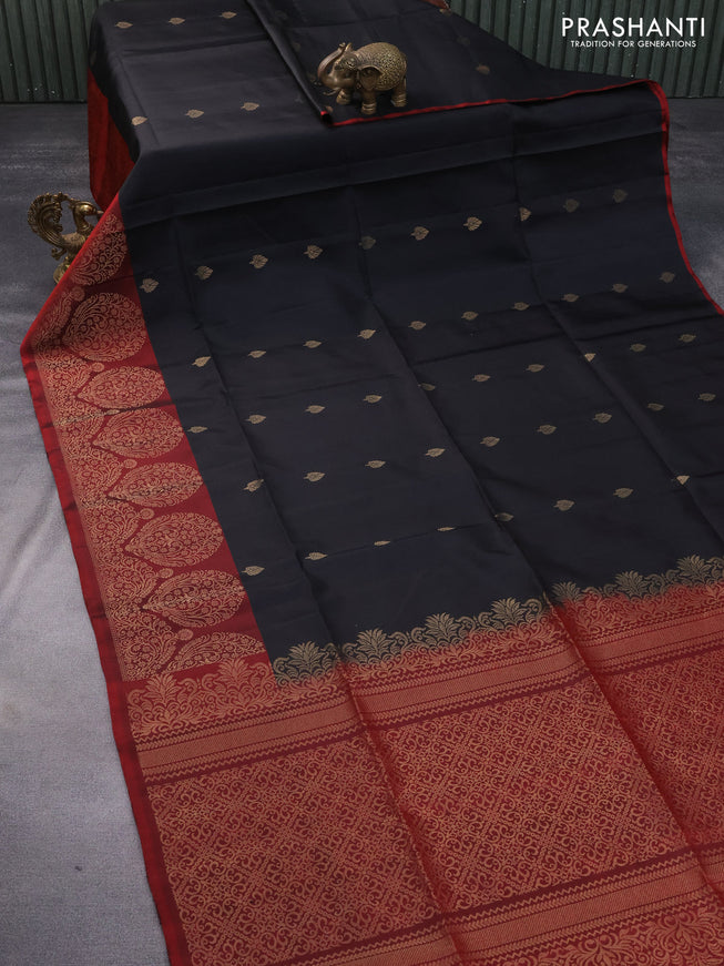 Pure soft silk saree black and maroon with zari woven buttas and piping border