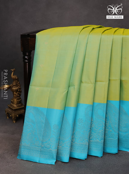 Pure soft silk saree dual shade of light green and light blue with zari woven buttas and rich zari woven border