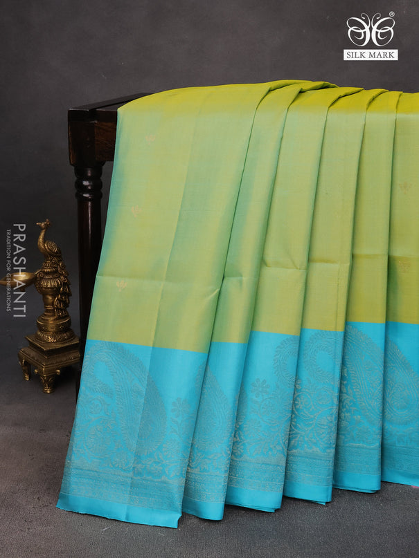 Pure soft silk saree dual shade of light green and light blue with zari woven buttas and rich zari woven border