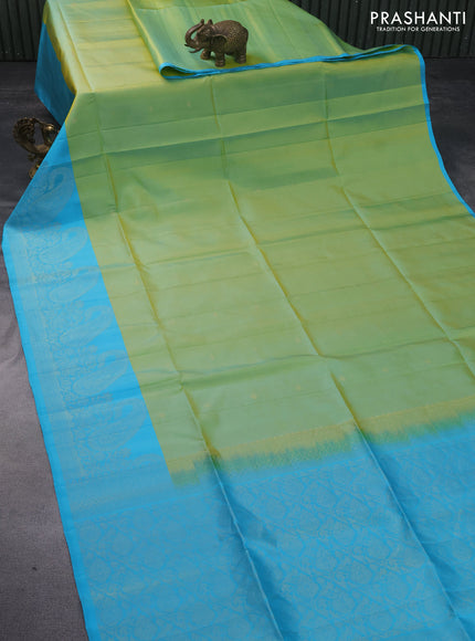 Pure soft silk saree dual shade of light green and light blue with zari woven buttas and rich zari woven border