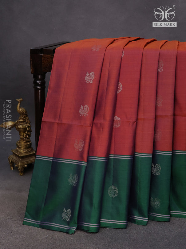 Pure soft silk saree maroon and dual shade of bluish green with silver zari woven buttas and rettapet zari woven border