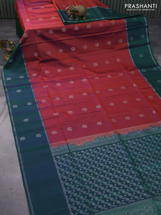 Pure soft silk saree maroon and dual shade of bluish green with silver zari woven buttas and rettapet zari woven border