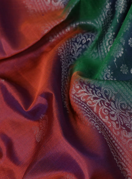 Pure soft silk saree maroon and dual shade of bluish green with silver zari woven buttas and rettapet zari woven border