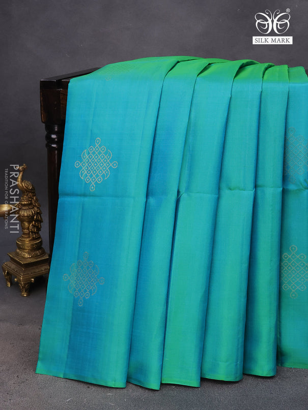 Pure soft silk saree dual shade of teal bluish green with zari woven buttas in borderless style