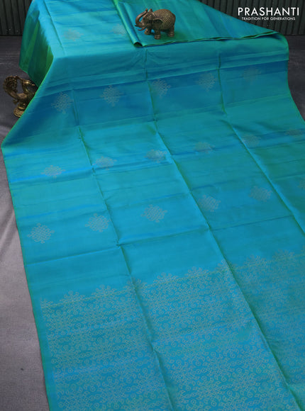 Pure soft silk saree dual shade of teal bluish green with zari woven buttas in borderless style