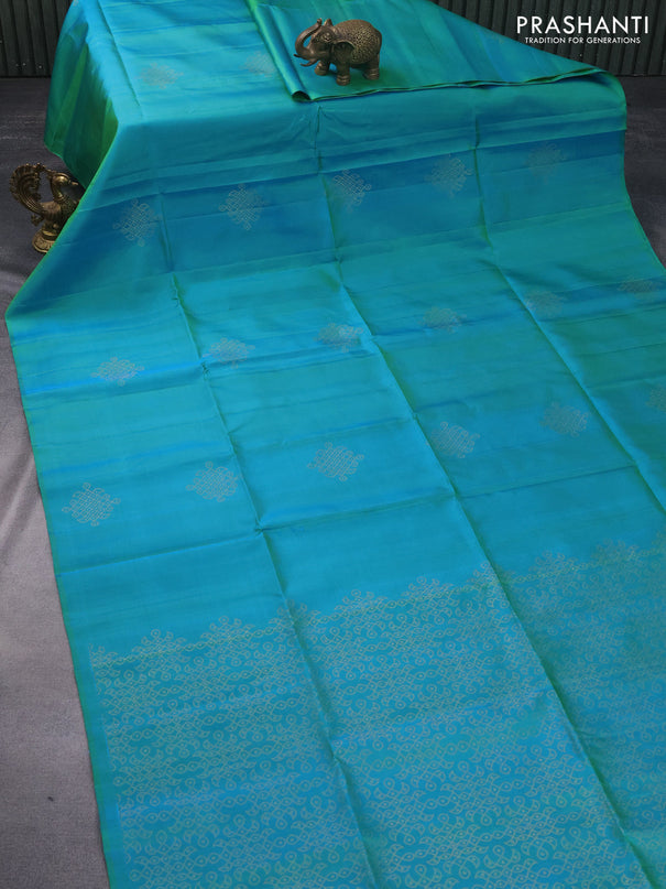 Pure soft silk saree dual shade of teal bluish green with zari woven buttas in borderless style