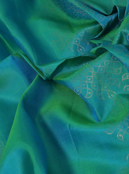 Pure soft silk saree dual shade of teal bluish green with zari woven buttas in borderless style