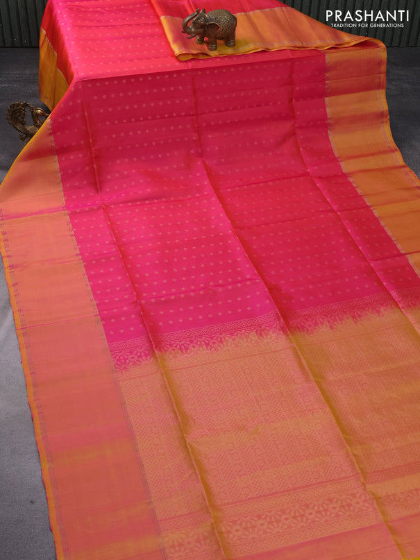 Pure soft silk saree dual shade of pink and dual shade of yellow with allover zari woven buttas and rettapet zari woven border