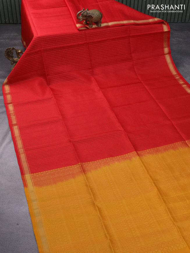 Pure soft silk saree red and mustard yellow with allover zari weaves and zari woven border