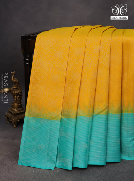 Pure soft silk saree mango yellow and teal blue with allover silver zari woven brocade weaves and rich silver zari woven border