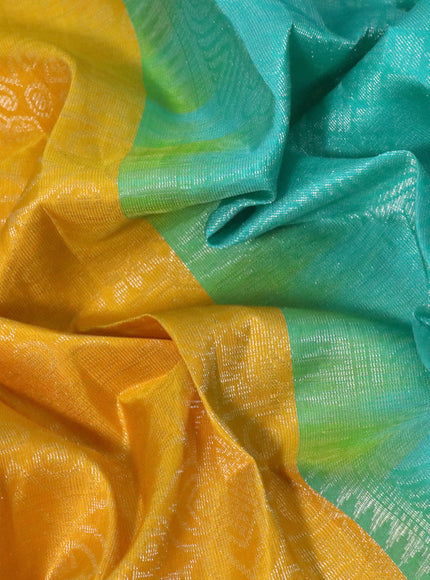 Pure soft silk saree mango yellow and teal blue with allover silver zari woven brocade weaves and rich silver zari woven border