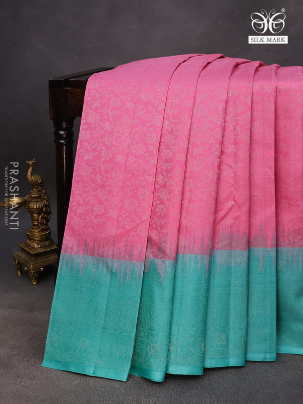 Pure soft silk saree light pink and teal blue with allover silver zari woven brocade weaves and rich silver zari woven border