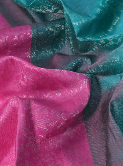 Pure soft silk saree light pink and teal blue with allover silver zari woven brocade weaves and rich silver zari woven border