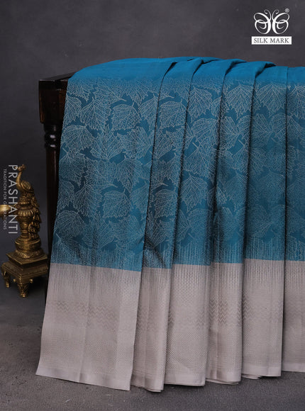 Pure soft silk saree peacock blue and grey with allover silver zari woven brocade weaves and rich silver zari woven border