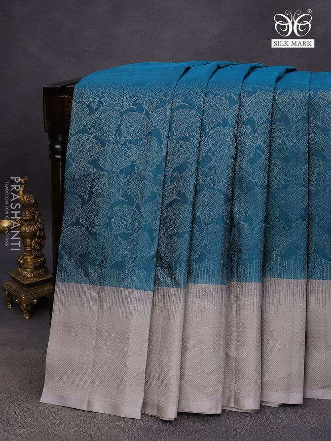 Pure soft silk saree peacock blue and grey with allover silver zari woven brocade weaves and rich silver zari woven border