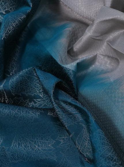 Pure soft silk saree peacock blue and grey with allover silver zari woven brocade weaves and rich silver zari woven border