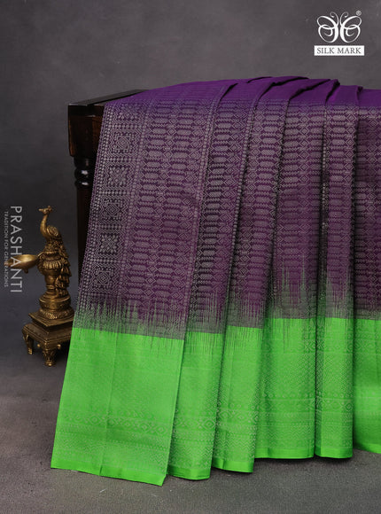 Pure soft silk saree deep violet and parrot green with allover silver zari woven brocade weaves and rich silver zari woven border