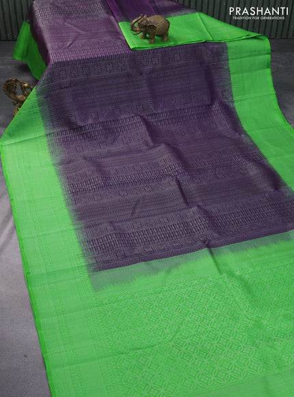 Pure soft silk saree deep violet and parrot green with allover silver zari woven brocade weaves and rich silver zari woven border