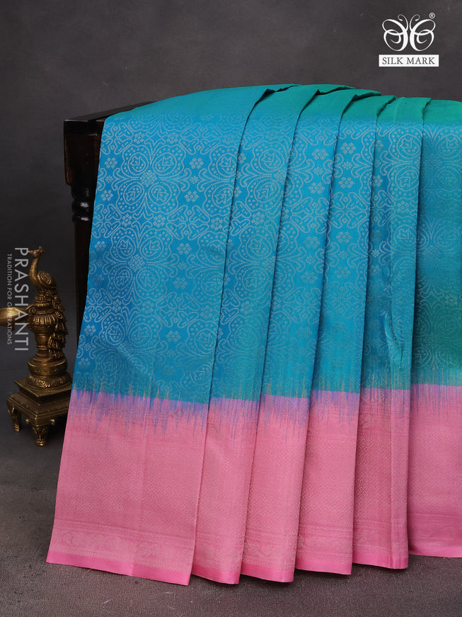 Pure soft silk saree teal blue and light pink with allover silver zari woven brocade weaves and rich silver zari woven border