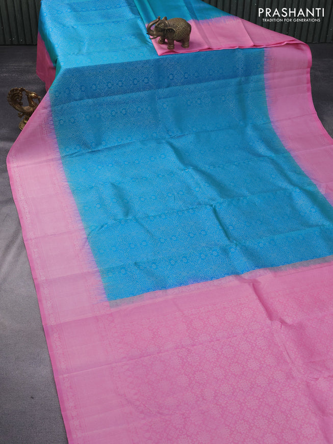 Pure soft silk saree teal blue and light pink with allover silver zari woven brocade weaves and rich silver zari woven border