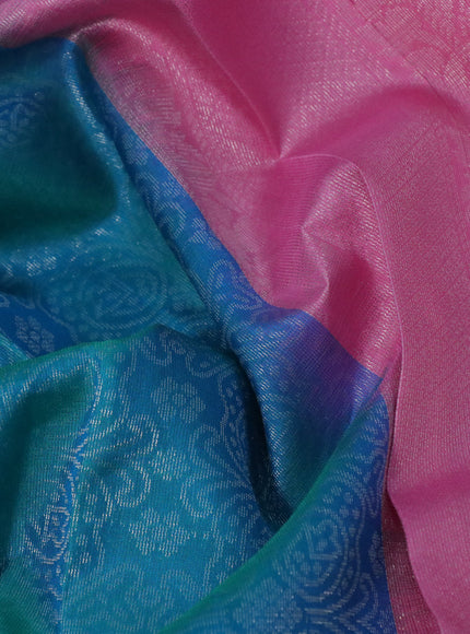 Pure soft silk saree teal blue and light pink with allover silver zari woven brocade weaves and rich silver zari woven border