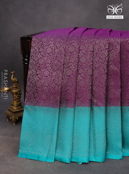 Pure soft silk saree deep purple and teal green with allover silver zari woven brocade weaves and rich silver zari woven border