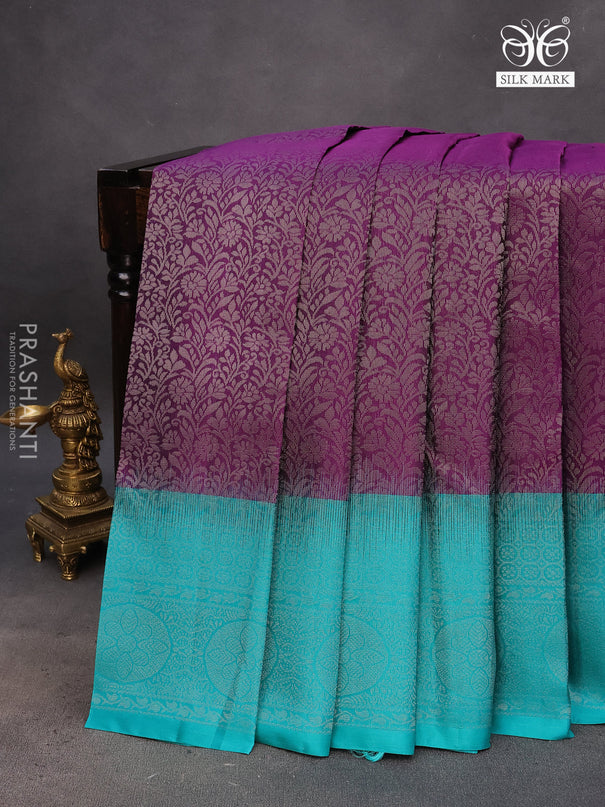 Pure soft silk saree deep purple and teal green with allover silver zari woven brocade weaves and rich silver zari woven border