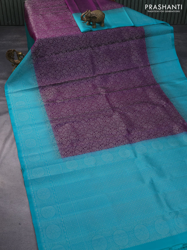 Pure soft silk saree deep purple and teal green with allover silver zari woven brocade weaves and rich silver zari woven border