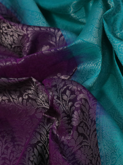 Pure soft silk saree deep purple and teal green with allover silver zari woven brocade weaves and rich silver zari woven border