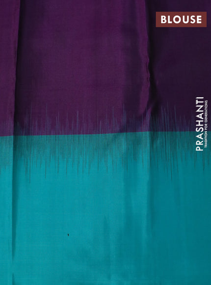 Pure soft silk saree deep purple and teal green with allover silver zari woven brocade weaves and rich silver zari woven border