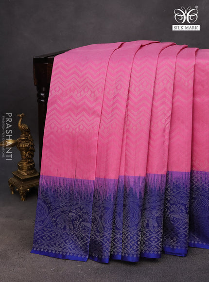 Pure soft silk saree light pink and blue with allover silver zari woven brocade weaves and rich silver zari woven border