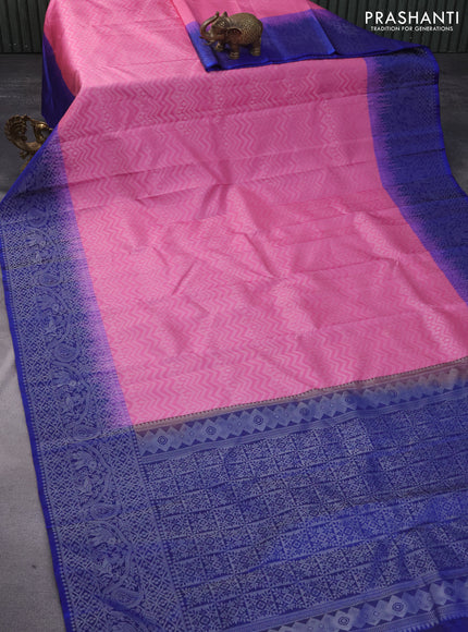 Pure soft silk saree light pink and blue with allover silver zari woven brocade weaves and rich silver zari woven border