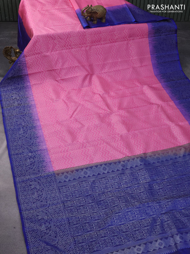 Pure soft silk saree light pink and blue with allover silver zari woven brocade weaves and rich silver zari woven border