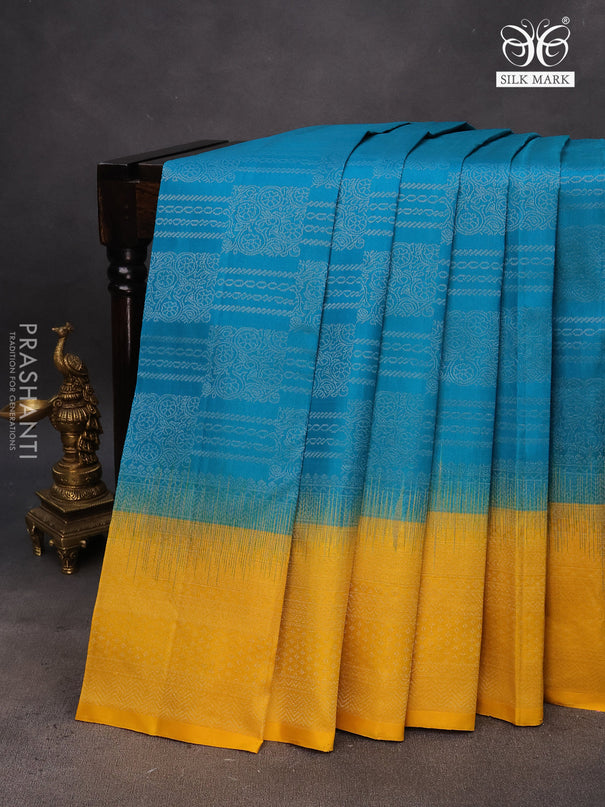 Pure soft silk saree teal blue and mango yellow with allover silver zari woven brocade weaves and rich silver zari woven border