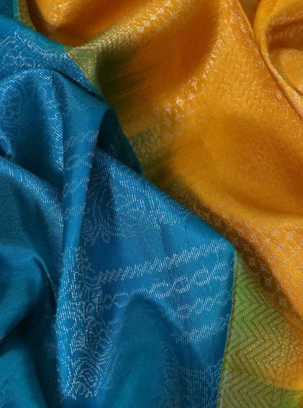 Pure soft silk saree teal blue and mango yellow with allover silver zari woven brocade weaves and rich silver zari woven border