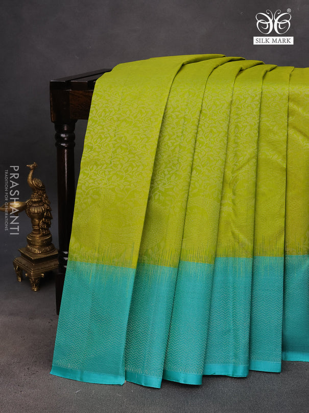 Pure soft silk saree light green and teal blue with allover silver zari woven brocade weaves and rich silver zari woven border