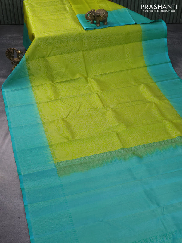 Pure soft silk saree light green and teal blue with allover silver zari woven brocade weaves and rich silver zari woven border