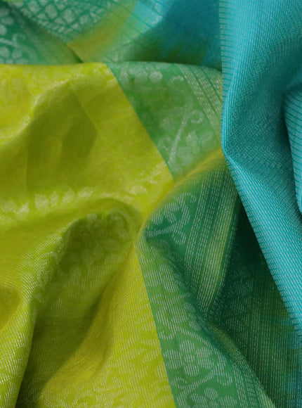 Pure soft silk saree light green and teal blue with allover silver zari woven brocade weaves and rich silver zari woven border