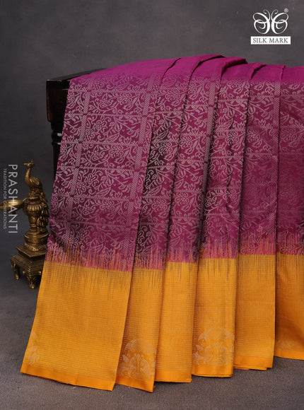 Pure soft silk saree purple and mango yellow with allover silver zari woven brocade weaves and rich silver zari woven border